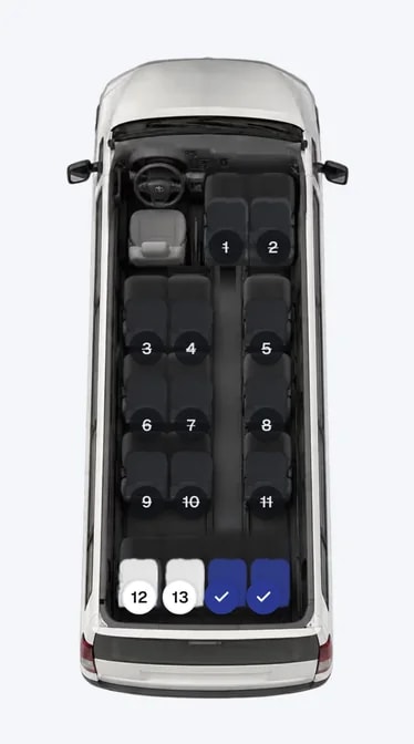 Shaffl seat map of an Afify Vip15 HiAce, seen from above: seats 14 and 15 selected, seats 1 to 11 booked