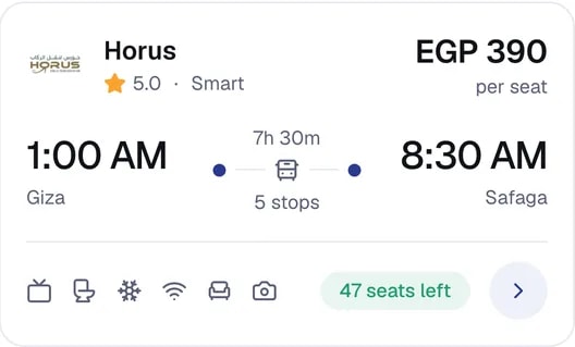 Shaffl results: Horus Smart, 1:00 AM to 8:30 AM, 7h 30m, 5 stops, EGP 390 per seat, 47 seats left